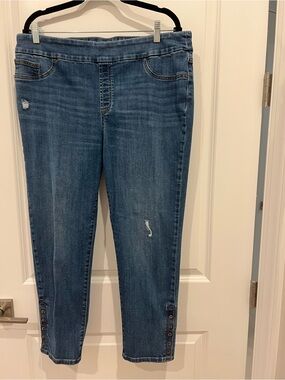 Chico's Midwash Blue Ankle Crop Jeans with Button Cuff